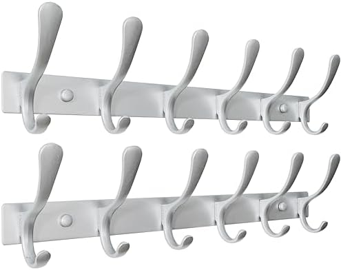 SKOLOO Coat Rack Wall Mounted - 6 Hooks, Pack of 2, Heavy Duty, Stainless Steel, Metal Wall Hanger, Sturdy Coat Hooks for Hanging Coats, Jacket, Clothes, Hat, Cold Light Silver by SKOLOO