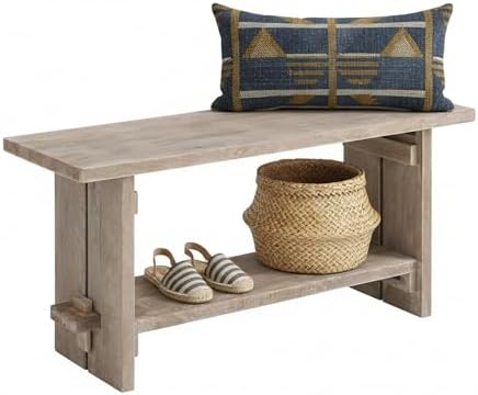 Alaterre Bethel Rustic Solid Wood Entryway Bench with Shelf, Driftwood - Image 6
