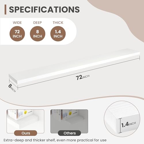 Acovy 72 Inch Floating Shelves, 8 Inch Deep Floating Shelves for Wall, Hanging Shelf with Invisible Brackets, Deep Shelves for Bathroom, Bedroom, Living Room, White, Set of 1 - Image 2