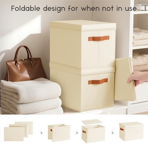 Homsorout Storage Bins with Lids - Large Fabric Closet Bins with Lid, 6 Pack Clothes Organizers and Storage, Collapsible Stackable Cube Basket for Home, Office, Dorm, Beige - Image 3