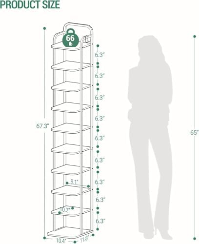 Hzuaneri 10 Tiers Vertical Shoe Rack, Tall Shoe Shelf with 2 Hooks - Image 2