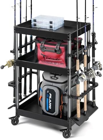 Savior Equipment Mobile Tackle Station 16 Fishing Rod Holder Cart w/Wheels, Adjustable Rack For Different Rod & Reel, 3-Level Fishing Gear Storage Pole Organizer For Garage Home Indoor Use, Black by SaviorEquipment