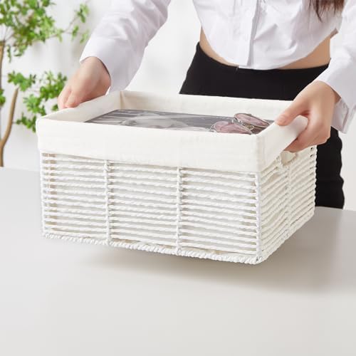 Vagusicc Wicker Storage Basket, 6 Pack Baskets for Organizing, Wicker Baskets with Handle, Rectangular Wicke Basket for Storage Shelves, Cube Storage Bins for Closet/Clothes/Dresser, White - Image 3