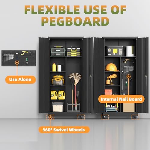 71''H Metal Garage Storage Cabinet with Wheels, Broom Cabinet with Lock - Image 5