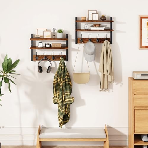 Double Shelf Coat Rack Wall Mount with 8 Hooks, Rustic Brown HWS009H-2 - Image 2