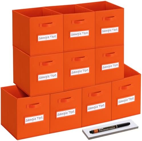 11x11 storage cube bins (Set of 10) Foldable Fabric storage cubes with 10 Labels Window Cards & a Pen,11 inch cube storage bin,Closet Organizers for Shelves,Cubby Organizer Boxes,Orange by Artsdi
