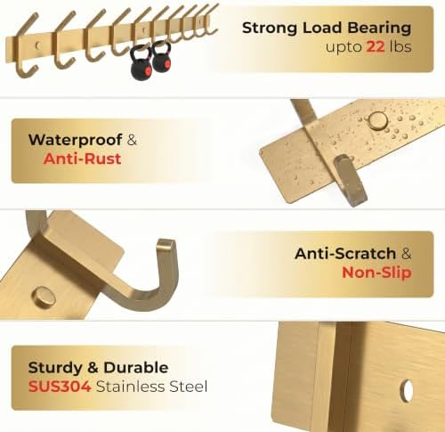Brushed Gold Wall Mounted Coat Rack – 30 Inch Stainless Steel Rail with 10 Double Coat Hooks for Entryway, Bathroom, Bedroom, Kitchen – Modern Gold Hook Rack for Coats, Hats, Towels - Image 4