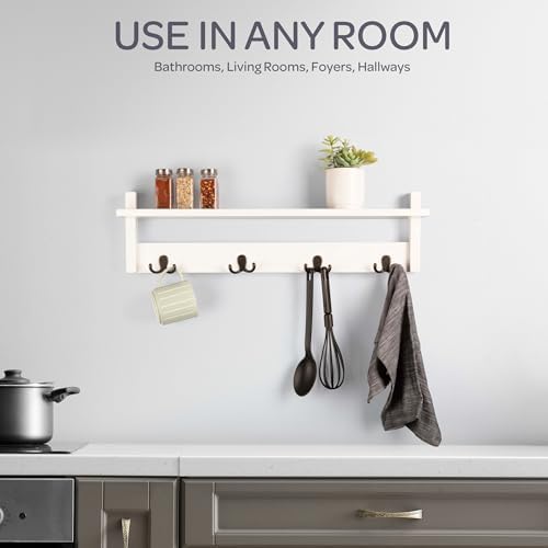Lavish Home Coat Rack with Shelf and 4 Hooks - Wall Mount Coat Hook Shelf for Purses, Jackets and Keys - Coat Rack for Entryway, Mudroom, or Hallway (White) - Image 3