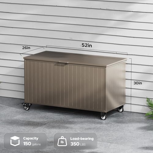 150 Gallon Outdoor Storage Box with Wheels, Metal Deck Boxes,Brown - Image 4