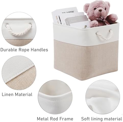 MidmmVick 13 x 13 Inch Cube Storage Bins, 6 Pack Extra Large Collapsible Fabric Storage Bin with Ropes, Foldable Storage Cubes for Home (White & Beige-13"x13"x13") - Image 6