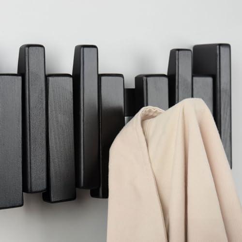 Beech Piano Key Coat Rack with 6 Flip Hooks, Black - Image 5