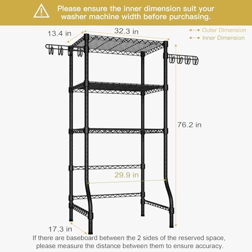 Ulif U8 Medium Laundry Room Storage Organizer, Over the Washer and Dryer Storage Shelves for Laundry Organization, 32.3”W x 17.3”D x 76.2”H, Suit Washing Machine Width within 29.9”, Hold 304 lb, Black - Image 3