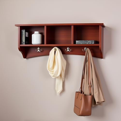 Shaker Cottage Wall-Mounted Coat Rack with 3 Storage Cubbies and 4 Hooks – 36" Space-Saving Entryway Organizer, Mudroom and Hallway Wall Shelf by Alaterre Furniture (Cherry Finish) - Image 2