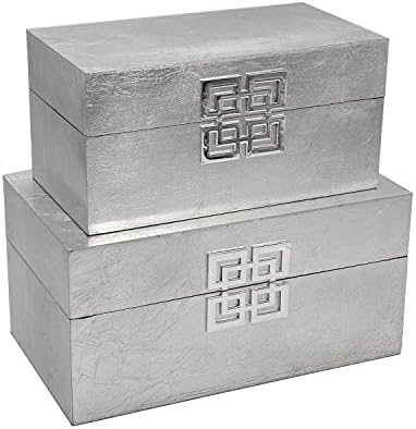 Galt International Storage Box Set Decorative Storage Box w/Hinged Lid Classic Design Wood Decor Boxes with Geometric Clasp Storage for Bedroom & Home - Set of 2 (Silver) - Image 3
