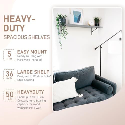 Kaboon 36 inch Long 10 inch Deep Floating Shelves for Wall Set of 2, Large Open Shelves Wall Mounted, Space Saving Home and Commercial Use, Gray - Image 4