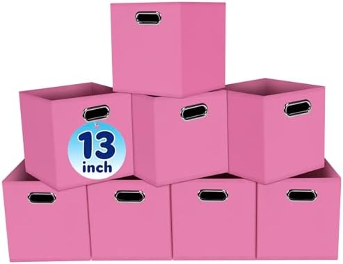 Fabric Cubby Storage Bins,13x13x13 Inches,Cube Organizer Bin Foldable Storage Boxes with Dual Handles Fabric Organizer Box and collapsible Storage basket,Set of 8,Pink by Yunkeeper