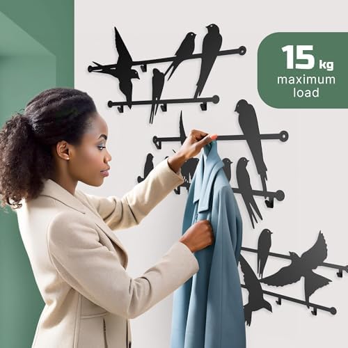 Entrance Wall Mounted Coat Rack 3pcs Metal Design Style Birds 23x40 Inches - Heavy Duty Hallway Hanger Hooks for Kids and Adults, Decorative Art Deco Iron Wardrobe Holder, Slim Stylish Steel Panels - Image 7