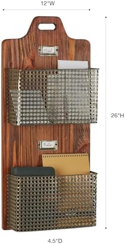 Sawyer Vertical Wall Organizer - Mission Red Oak - Handcrafted - Wooden Back, Metal Baskets - Vintage Hanging Organizer - Two Tier Basket for Mail, Paper, Letters - 26 Inches High Vertical - Image 3