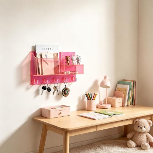 Acrylic Key Holder Wall Mount Mail Organizer for Wall with Shelf Storage Drawer and 5 Hooks, Neon Pink - Image 4