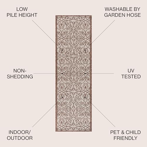 Eyely Filigree Weave Runner Rug 2X8 Taupe/Espresso, Indoor Outdoor Rug - Image 4