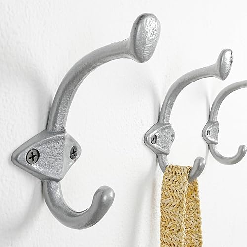 Dseap Cast Iron Wall Hooks L=5”, Heavy Duty Coat Hooks, Rustic Vintage Farmhouse Hook for Hanging Winter Coats Jackets Towels Hats Bags Plants, Silver, Pack of 10 (ShieldBold) - Image 3