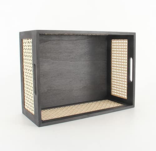 Black Wooden Rattan Storage Basket with Handle,14.96"x11.02"x6.30" - Image 2