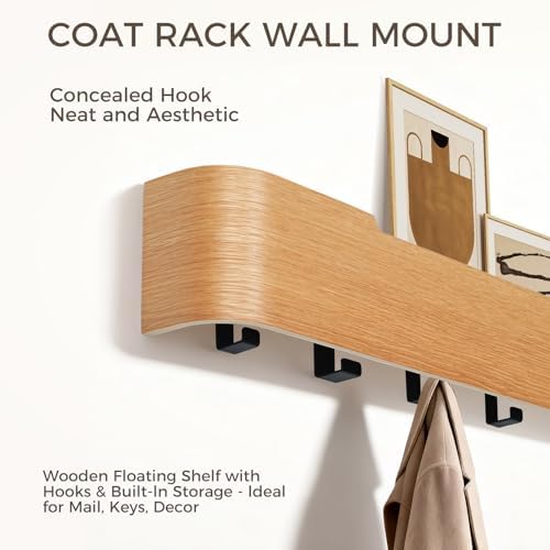 Coat Rack Wall Mount with Shelf Entryway Shelf Modern Key Holder Hanger Wall Shelves with Hidden Hooks for Hanging Towels Coats Hats Bags for Hallway Bathroom Bedroom(Oak, 4 Hooks) - Image 4