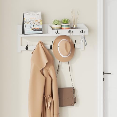AMBIRD Wall Hooks with Shelf, 26.57 Inch Entryway Wood Coat Hooks for Wall, Coat Rack Wall Mount with 5 Dual Hooks 3 Key Hooks Mail Organizer and Key Rack Holder (White) - Image 5