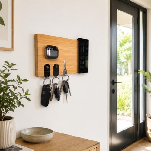 Premium Magnetic Bamboo Key Holder for Wall, No Drill Wooden Key Rack with Strong Magnets, 3M Adhesive Entryway Organizer for Keys, Phone, Earbuds & Everyday Essentials - Image 4