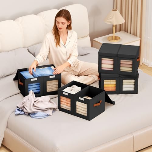 Homsorout Large Closet Storage Bins - Collapsible Divided Clothes Organizer with Lids & Dual Window, Fabric Organizing Bins for Clothes, Sweater, Bedroom, Office (Black, 4 Pack) - Image 4