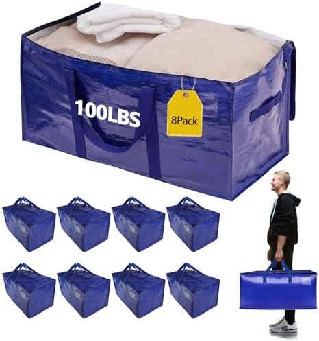 8 Pack Waterproof Moving Storage Bags, 100 lbs Extra Large Heavy Duty Totes with Reinforced Handles & Strong Zippers, Reusable Moving Box Alternative for Packing Moving Household Storage, 95L, Blue by Demiwise