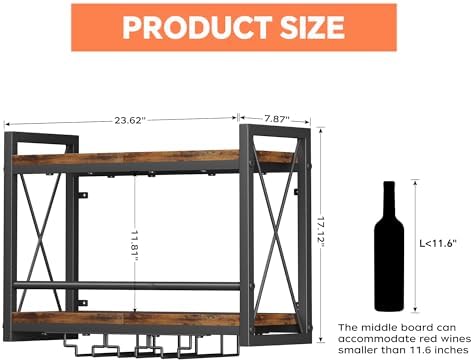 Homeiju Wall Mounted Wine Rack, Bottle & Glass Holder Wood-Metal Retro - Image 3