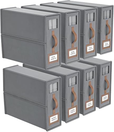 8 Pack Bed Sheets Organizers And Storage,Sheets Set Folder Keeper with Handle,Foldable Bedding Storage Box For Linen Closet,Duvet Cover(King Size-3.7 Gal,Gray) by BigPonPon