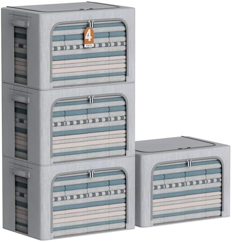 CYhom 4 Pack Clothes Storage Bins with Metal Frame - Linen Fabric Foldable Stackable Container Organizer Set with Clear Window & Carry Handles & Zippers (Light Grey, 23.6"x16.5"x15.7") by CYhom