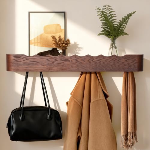 Coat Rack Wall Mount with Shelf Entryway Shelf Modern Key Holder Hanger Wall Shelves with Hidden Hooks for Hanging Towels Coats Hats Bags for Hallway Bathroom Bedroom(Wavy Walnut Color, 8 Hooks) by FURNAWAY