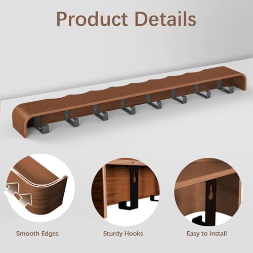 Coat Rack Wall Mount with Hidden Hooks, Wall Hooks with Shelf, Wall Key Holder Mount Wooden Shelf Entryway Hooks for Bedroom Bathroom for Hanging Coats Hats Bags Towels (Walnut Wave-Shape, 8 Hooks) - Image 3