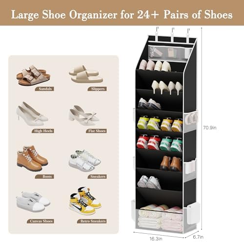 Criusia Shoe Storage, Over the Door Shoe Organizer, Hanging Closet Shoe Storage with Large Deep Pockets, Fits 16–24 Pairs of Sneakers, Sandals, Boots, Black - Image 3