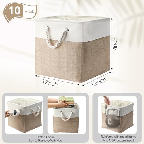 FoldTier 10 Pack Large Collapsible Fabric Storage Baskets with Handles Decorative Storage Bins for Organizing Shelves Toys Clothes(White & Beige,12 x 12 x 12 Inches) - Image 2