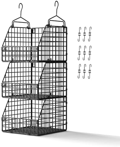 PUPPYCUTE Larger & Deeper Hanging Storage Basket, Closet Organizers and Storage, Hanging Shelves Wire Baskets for Clothing Sweaters Purse Handbags Shoes Black 3 Tier by PUPPYCUTE