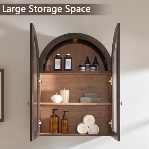 Bathroom Arched Wall Cabinet,23.5'' Wide Medicine Cabinet, Bathroom Cabinet Wall Mount W/Glass Doors & Adjustable Shelves, Over The Toilet Storage Cabinet for Laundry Room, Bedroom,Kitchen, Brown - Image 3