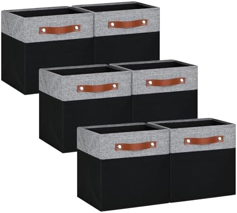 13x13 Storage Cubes - 6 Pack - Linen Fabric 13 Inch Cube Storage Bins for Bedroom, Living Room, Clothes and Toys; Foldable, Dual Leather Handles by Pomatree