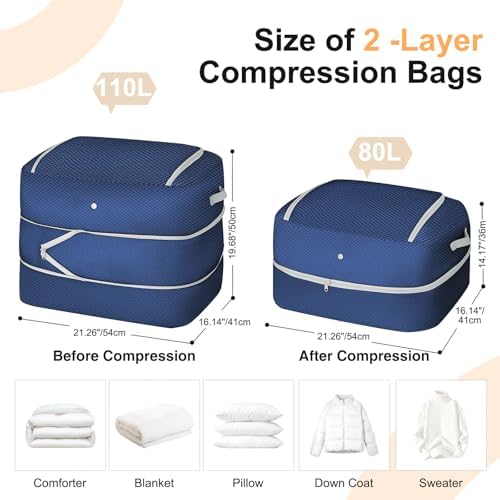 Comforter Storage Bag - 110L Large Capacity Blanket Storage Bags Ultra Space Saving Self Compression Organizer, Washable Compression Bags for Storage Comforter Blanket, 6-Pack, Navy Blue - Image 2