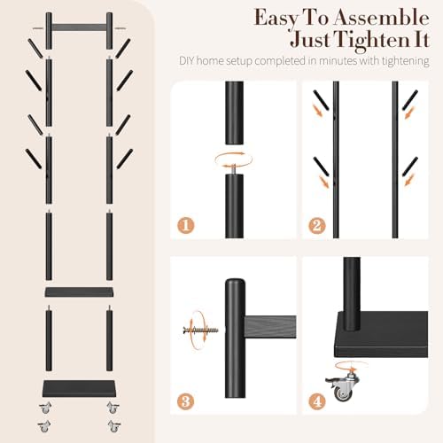 Yoobure Solid Wood Coat Rack Freestanding - Rolling Clothes Rack with 8 Hooks & Shelves, Small Clothing Rack with Wheels, Heavy Duty Clothing Racks for Hanging Clothes, Portable Hall Tree for Entryway - Image 6