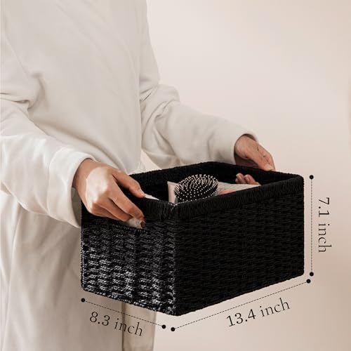 UBBCARE 4 Pack Wicker Basket, 13.4L×8.3H×7.1W inch Woven Paper Rope Storage Baskets for Shelves, Foldable Rectangular Storage Baskets with Handle, Storage Basket for Organizing, Black - Image 3