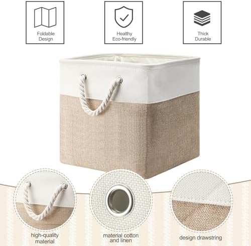 FoldTier 10 Pack Large Collapsible Fabric Storage Baskets with Handles Decorative Storage Bins for Organizing Shelves Toys Clothes(White & Beige,12 x 12 x 12 Inches) - Image 3