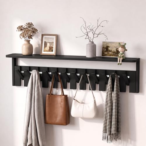 Wall Mounted Coat Rack with Shelf, 12 Flip-Down Hooks, Black by Homeleafy