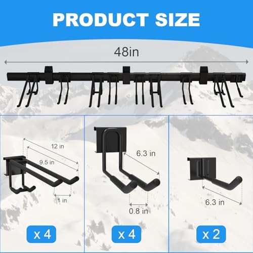 48'' Ski Rack Wall Mount,12 Pairs Ski Holders for Wall with Movable Rubber-Coated Hooks for Garage Storage Organizer System, Snowboard Wall Mount for Garage and Home Shed, Holds Up to 880lbs - Image 2
