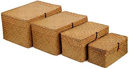 4 Pack, Wicker Baskets with Lids, Natural Seagrass Storage Baskets, Woven Rectangular Basket Bins, Rattan Storage Organizer for Shelf by YANGQIHOME