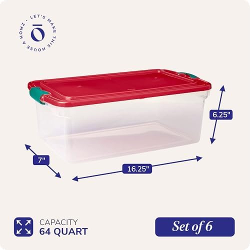 HOMZ Holiday Tote Plastic Storage Bin with Lid, 64 Qt, Clear/Red, 6 Pack - Image 4