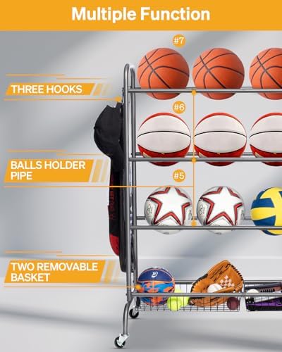 EXTCCT Basketball Rack with Wheels, 4 Tier Garage Ball Storage Organizer - Image 2